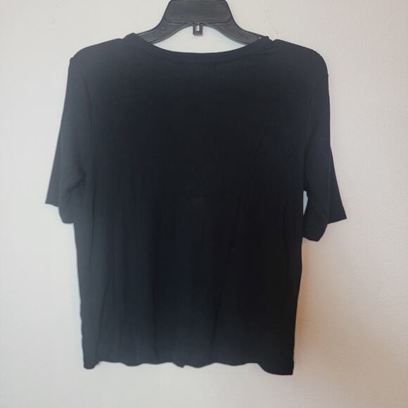 Marine Layer Lexi Button Front Ribbed Black Short Sleeve V-Neck Top Shirt Medium - Picture 4 of 11